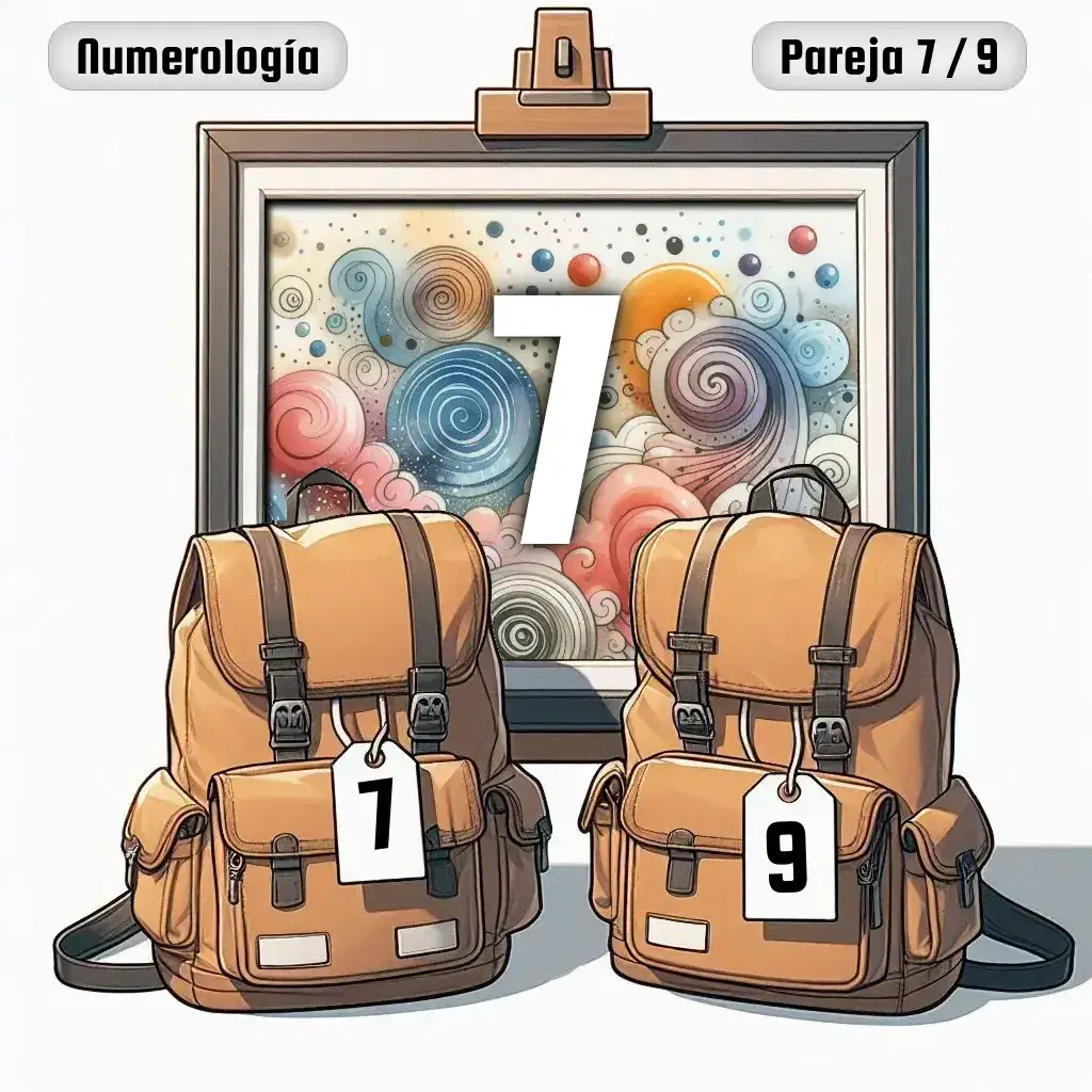Dos mochilas, una con el número '7' y otra con el número '9' representand a los dos en la pareja. De fondo hay un cuadro con el número de pareja conjunta, el Siete