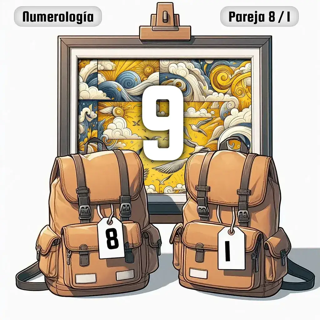 Dos mochilas, una con el número '8' y otra con el número '1' representand a los dos en la pareja. De fondo hay un cuadro con el número de pareja conjunta, el Nueve