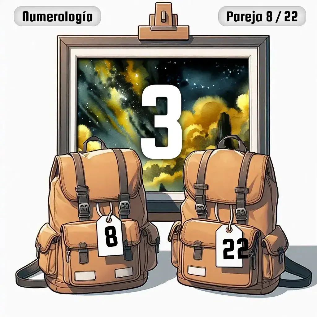 Dos mochilas, una con el número '8' y otra con el número '22' representand a los dos en la pareja. De fondo hay un cuadro con el número de pareja conjunta, el Tres