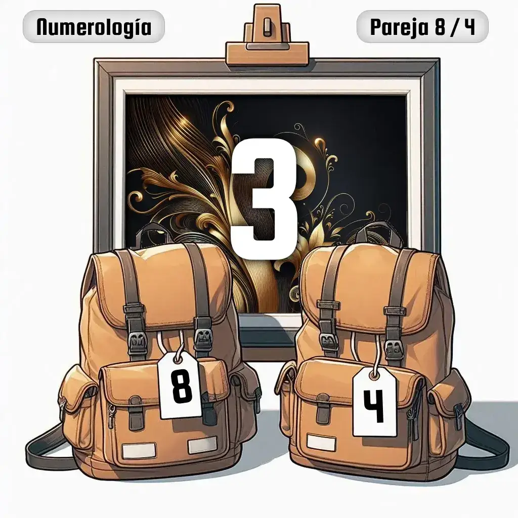 Dos mochilas, una con el número '8' y otra con el número '4' representand a los dos en la pareja. De fondo hay un cuadro con el número de pareja conjunta, el Tres