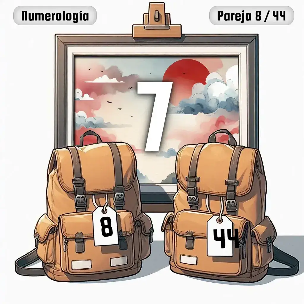 Dos mochilas, una con el número '8' y otra con el número '44' representand a los dos en la pareja. De fondo hay un cuadro con el número de pareja conjunta, el Siete