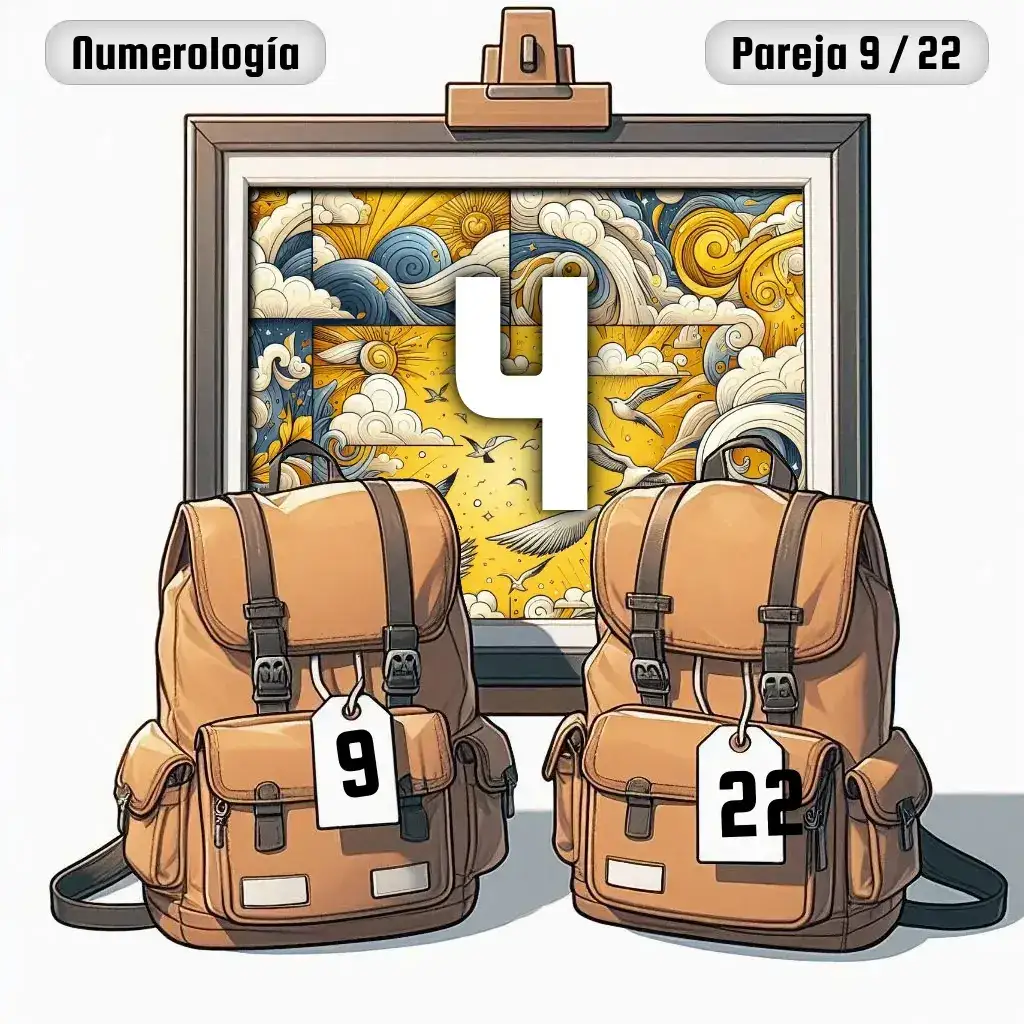 Dos mochilas, una con el número '9' y otra con el número '22' representand a los dos en la pareja. De fondo hay un cuadro con el número de pareja conjunta, el Cuatro