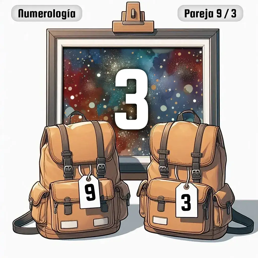 Dos mochilas, una con el número '9' y otra con el número '3' representand a los dos en la pareja. De fondo hay un cuadro con el número de pareja conjunta, el Tres