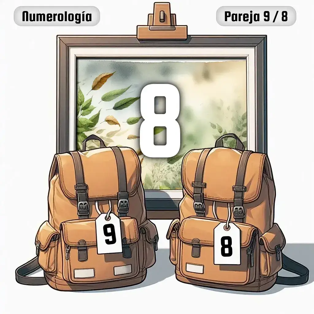Dos mochilas, una con el número '9' y otra con el número '8' representand a los dos en la pareja. De fondo hay un cuadro con el número de pareja conjunta, el Ocho
